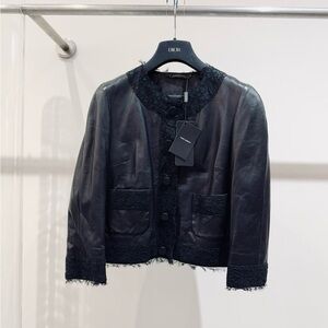 Authentic Dolce & Gabbana Black Leather Jacket with Lace Trim